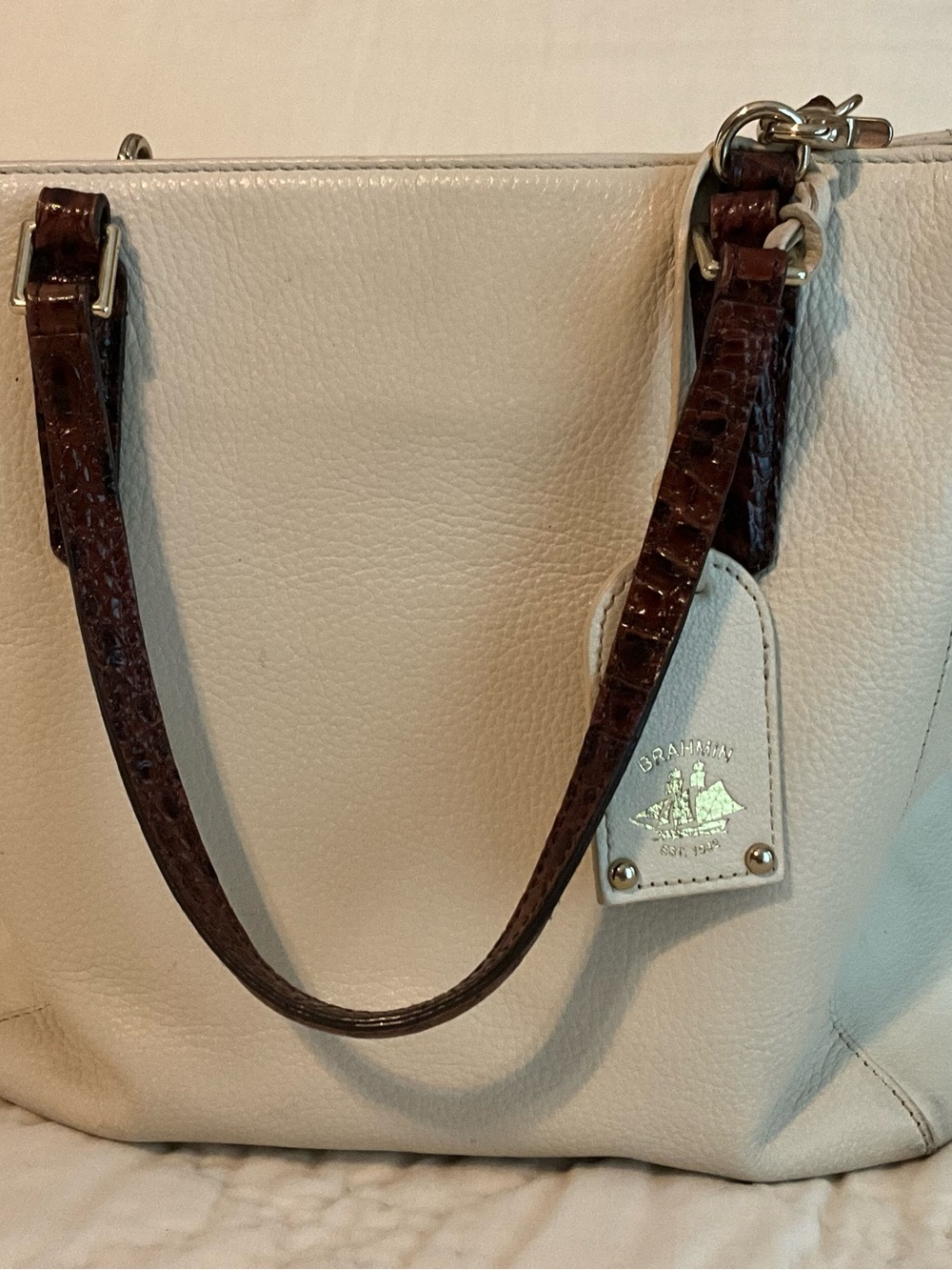 Women's White and Brown Croc-Trim Tote Bag Brahmin - Picture 3 of 5